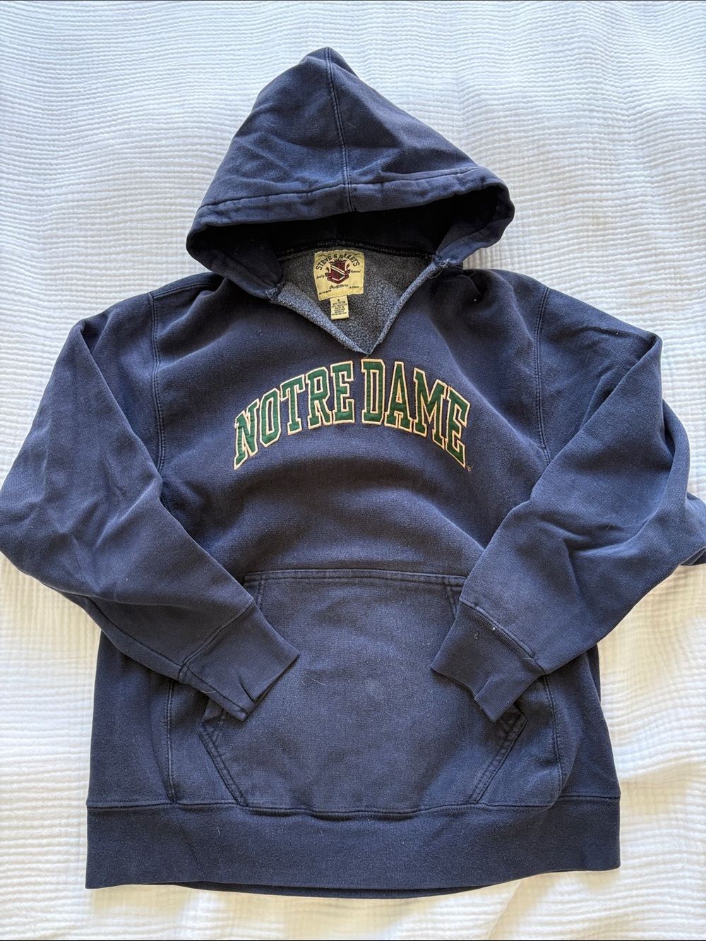 Steve & Barry's Navy Notre Dame Crewneck Hoodie with Green & Gold Lettering